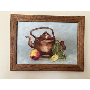 Vintage Still Life Oil Painting on Canvas Rustic Kitchen Art Framed 16.5x12in